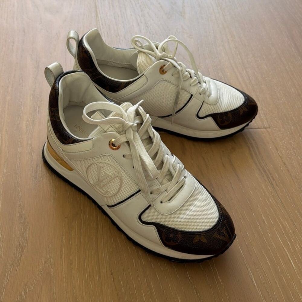 Louis Vuitton Calfskin Monogram Run Away Sneaker Size 37 in White Brown Gold - Picture 2 of 10